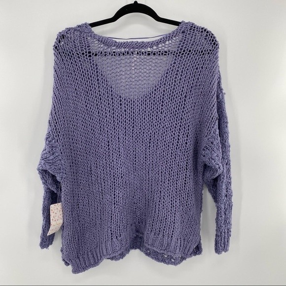 Free People NWT Sunday Shore Cotton Blend Chunky Open Knit Purple Sweater New - Picture 3 of 10